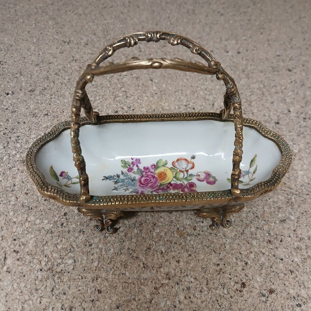 Chinese Porcelain and Brass Footed/Handled Basket 7 x 3.25 x 5"